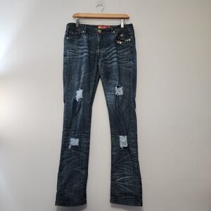 Vtg Y2k Apple Bottom Jeans Womens 9/10 32x33 Long Distressed Studded Dark Wash